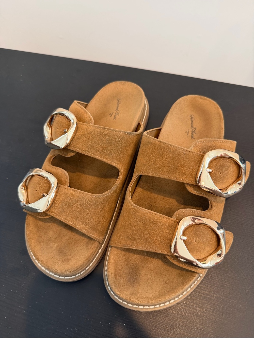 Suede Double-Buckle Slide Sandals in Tan